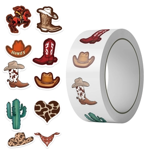Roll of 500 Western cowboy stickers featuring boots, hats, and cacti for scrapbooking