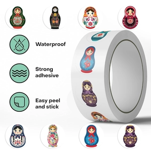 Detailed view of Matryoshka doll stickers roll with waterproof and strong adhesive features