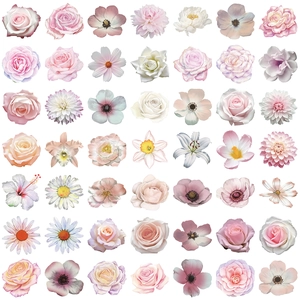 Pack of 50 waterproof pink floral PET stickers with various flower species in 7x7 grid