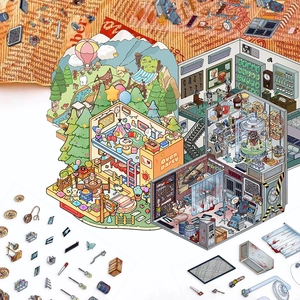 3D isometric DIY miniature house stickers with laboratory and camping scenes for journaling