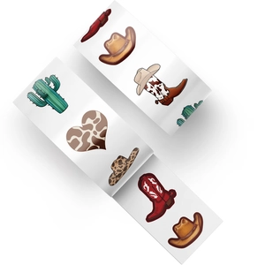 Close-up of Western cowboy decorative stickers with hats, boots, and cacti patterns