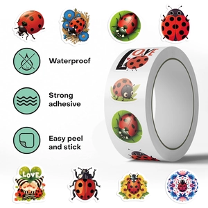 Detail of cartoon ladybug stickers showing waterproof material and strong adhesive properties