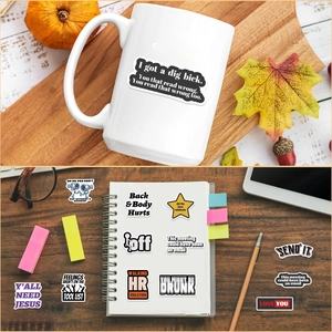 Funny meme stickers set on white mug and notebook with autumn aesthetic and office decor