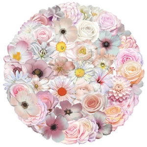 Detail of waterproof pink floral PET stickers with artistic hand-drawn flower designs