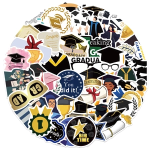 Detailed assortment of waterproof graduation stickers featuring caps, scrolls and medals