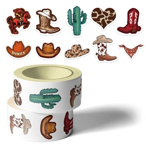 500pcs Western Cowboy sticker rolls with boots, hats and cactus patterns for scrapbooking