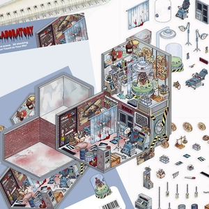DIY 3D miniature laboratory scenery kit with detailed medical tools and retro horror design