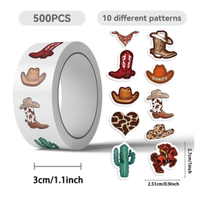 Close-up of Western Cowboy sticker roll with 10 patterns including boots and hats