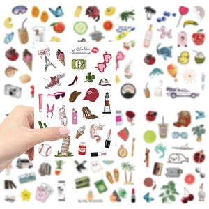 Detail of colorful cartoon stickers for DIY journals with architecture and food icons