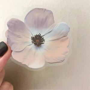 Close-up of translucent pink flower sticker on waterproof PET material held by hand