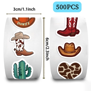 Detailed view of Cowboy stickers showing 3cm diameter size and western hat designs