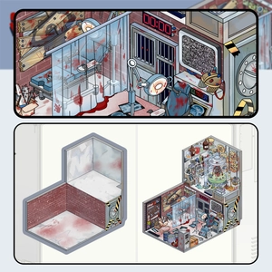 Macro detail of DIY 3D miniature laboratory room with horror scene stickers and medical props