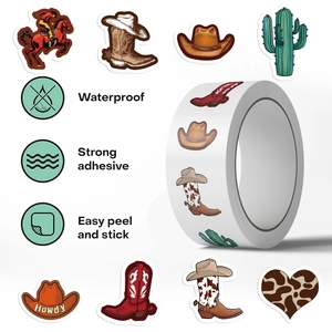 Detail of waterproof Western cowboy stickers showing strong adhesive and easy peel features