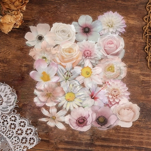 Set of 50 transparent pink floral stickers made of waterproof PET for DIY scrapbooking decor