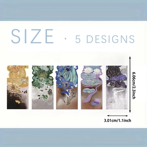 Detailed view of 5 Van Gogh style magnetic bookmarks showing exact dimensions and floral patterns