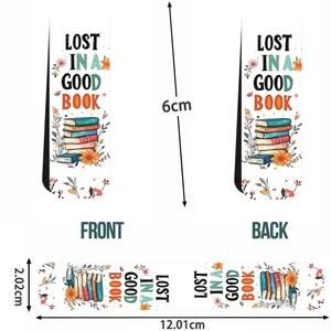 Cartoon magnetic bookmark Lost in a Good Book design with size and dimension views