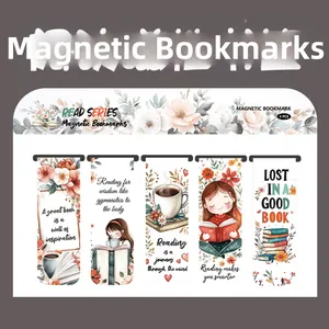 Detail of 5-piece magnetic bookmark set with colorful floral reading illustrations