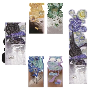Detailed macro view of 6 artistic magnetic bookmarks featuring famous classic paintings