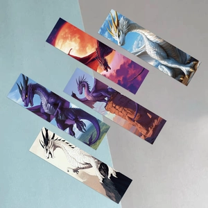 Detailed view of five fantasy dragon paper bookmarks with vibrant mythical illustrations