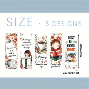 Size chart showing 5 cartoon magnetic bookmarks with dimensions 6cm by 2.02cm height