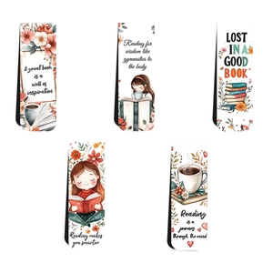 Detail of 5-piece magnetic bookmark set featuring illustrated reading themes and quotes