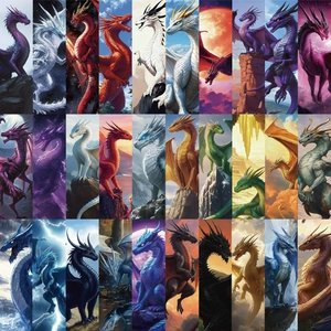 30-piece collection of fantasy dragon bookmarks featuring vibrant artistic dragon designs