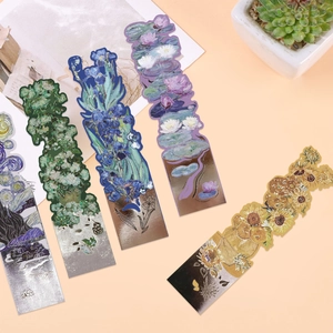 Aesthetic magnetic bookmark set featuring Van Gogh art and metallic finish on warm background