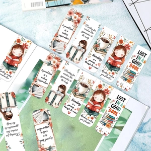 Set of decorative magnetic bookmarks with floral and reading theme illustrations