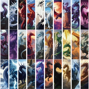 Close-up of 30 unique dragon bookmarks with fantasy art designs and vibrant colors