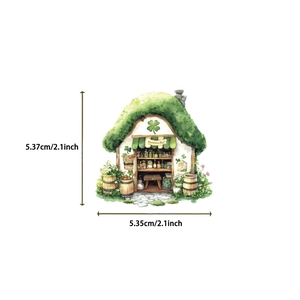 Detail showing hand-drawn forest cottage sticker with dimensions 5.35cm by 5.37cm