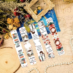 5-piece set of cartoon magnetic bookmarks with motivational reading quotes on artful backdrop