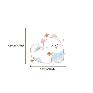 Detail view showing dimensions of a cute white pomeranian dog sticker with autumn leaves