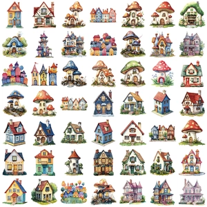 50 pieces of waterproof transparent PET fairy tale castle and mushroom house stickers for journaling