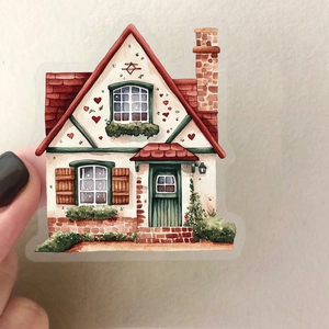 Macro detail of a waterproof cartoon fairy house sticker with vibrant watercolor finish