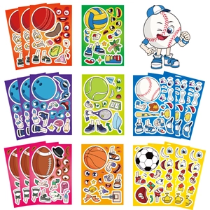 Detail van 8 gemengde sportbal DIY-gezichtstickers met grappige cartoonkenmerken