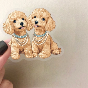 Waterproof clear PET dog stickers featuring two poodles with blue collars for journals