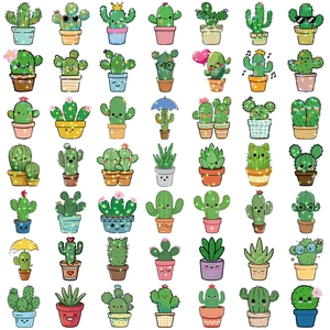 Set of 50 holographic cartoon cactus stickers with cute faces for laptops and DIY decor