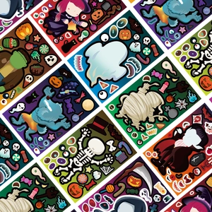 Detailansicht von Halloween DIY Aufklebern mit Comic-Hexe und Vampir-Charakterdesigns
