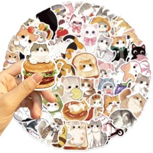 Close-up of cute cartoon cat stickers featuring hamburger cat design held in hand