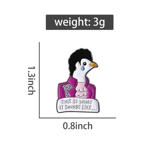 Detailed view of cartoon pigeon enamel pin with size and weight measurements shown