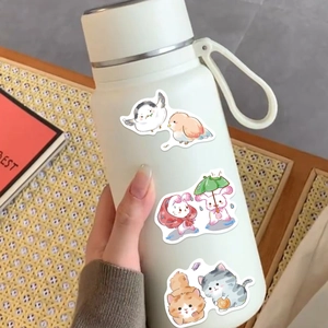 White minimalist vacuum flask with cute cartoon animal stickers and ring lid handle