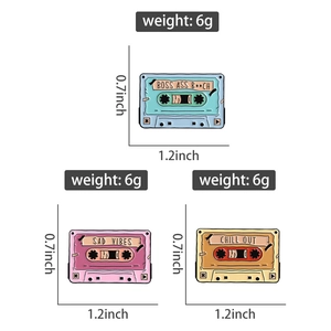 Detailed size chart for vintage cassette tape enamel pins in various colors