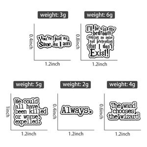 Detailed size and weight specifications for black and white enamel quote pins
