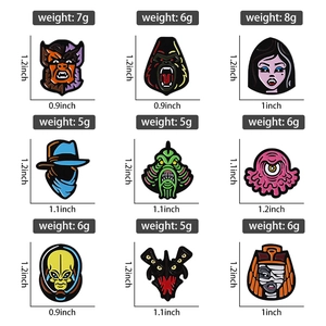 Detailed grid of monster enamel pins showing dimensions and weights of each character badge