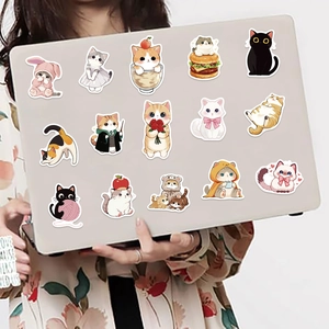 50 cute cartoon cat stickers for laptops and iPads featuring wizard and food designs