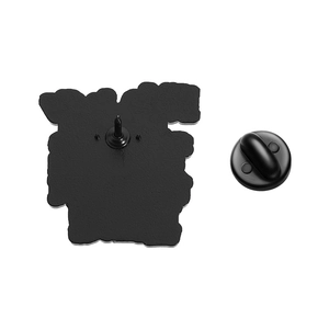 Detailed back view of a black enamel pin featuring a durable rubber clutch and metal post