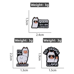 Detailed size and weight view for three cute alpaca enamel pins with witty text