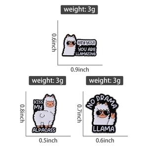 Detailed sizing and weight view for funny alpaca enamel pins with humorous quotes