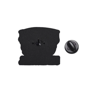 Detail view of the enamel pin back with black metal base and rubber clutch closure