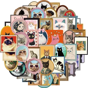Set of 50 vintage cartoon cat stickers in various artistic frames for DIY laptop decor